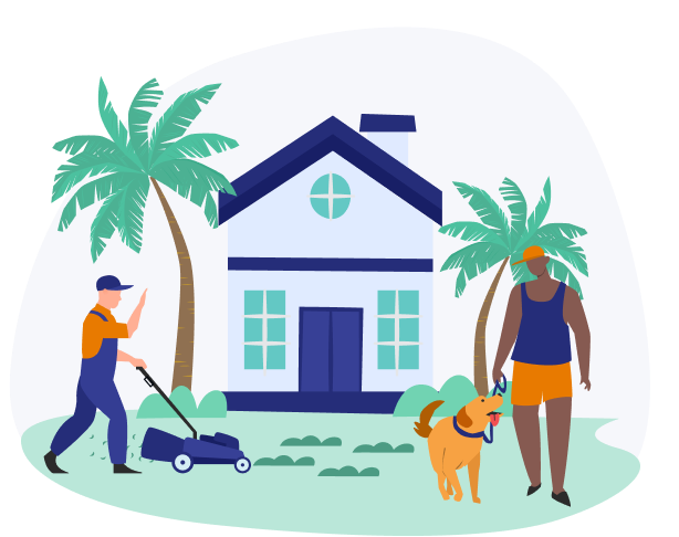 An image of a man mowing his lawn and a neighbor walking his dog to represent community