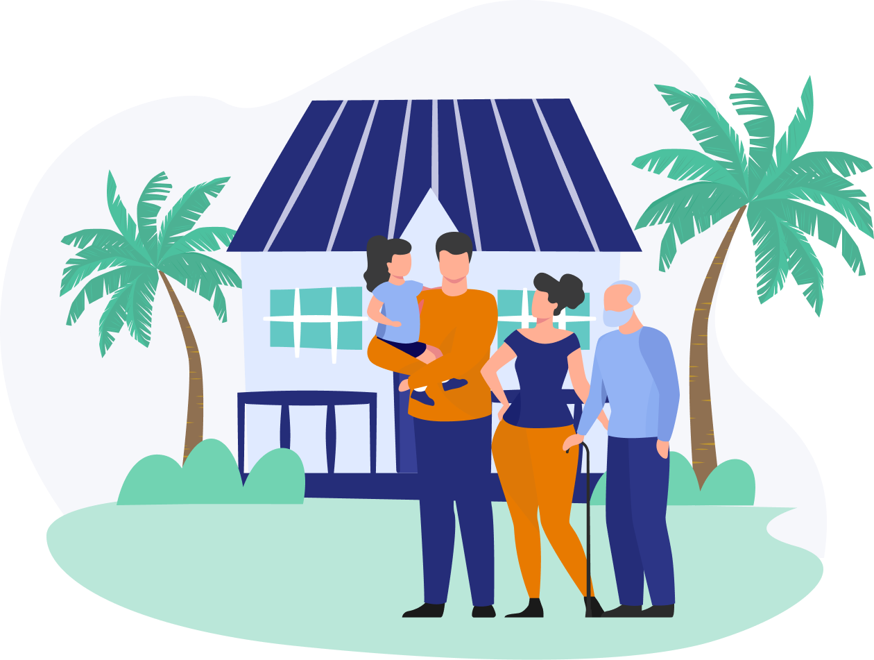 A family standing in front of their home