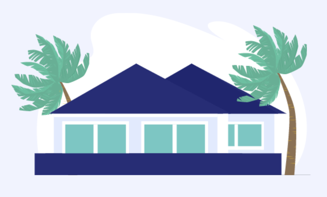 Strong wind blowing on a house and trees